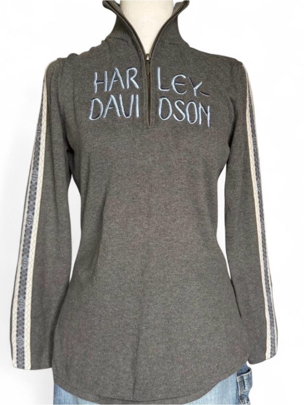 Harley Davidson Y2K Embroidered Fair Isle Quarter Zip Sweater • Size Medium